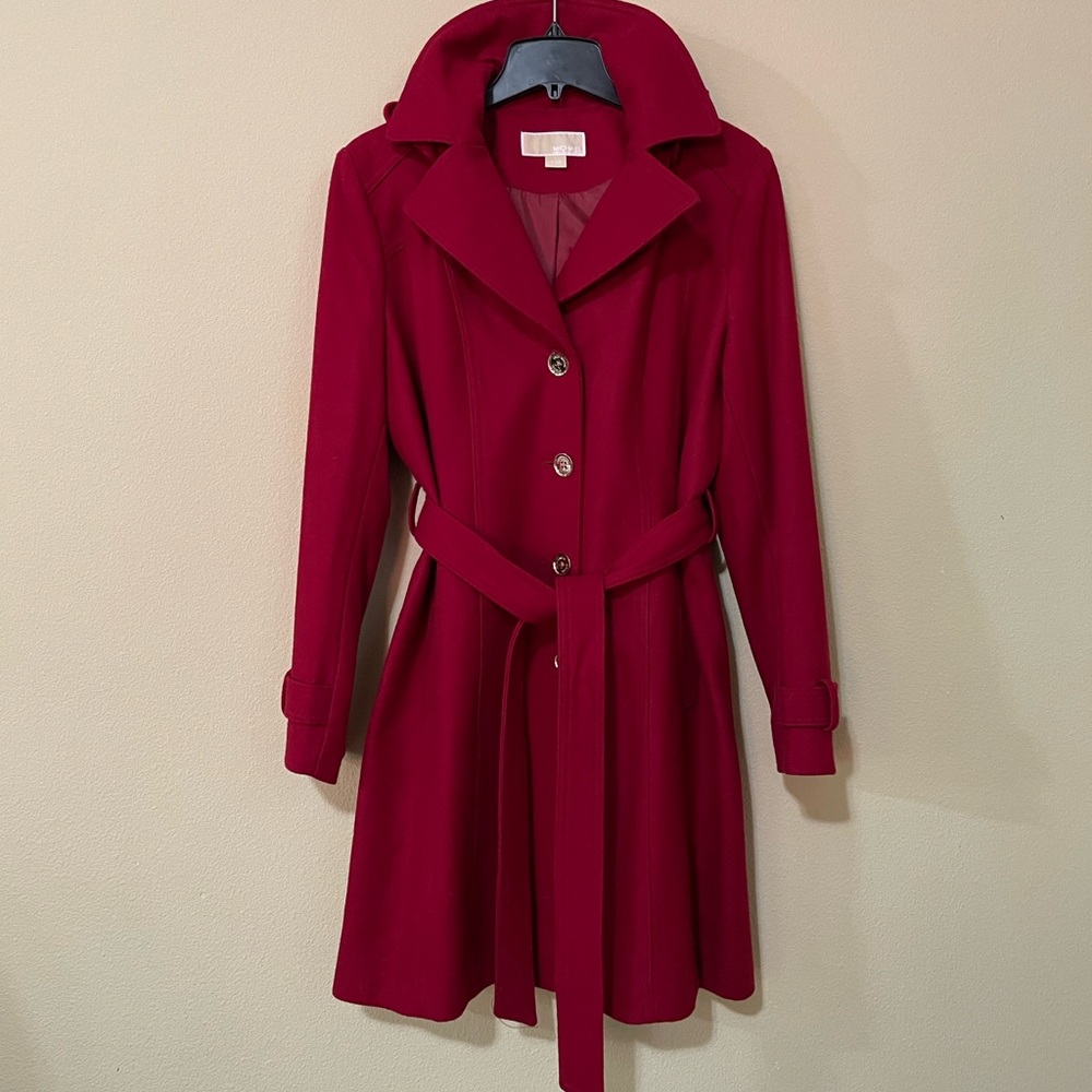 Michael Kors Red Coat Wool Belted with Removable Hood